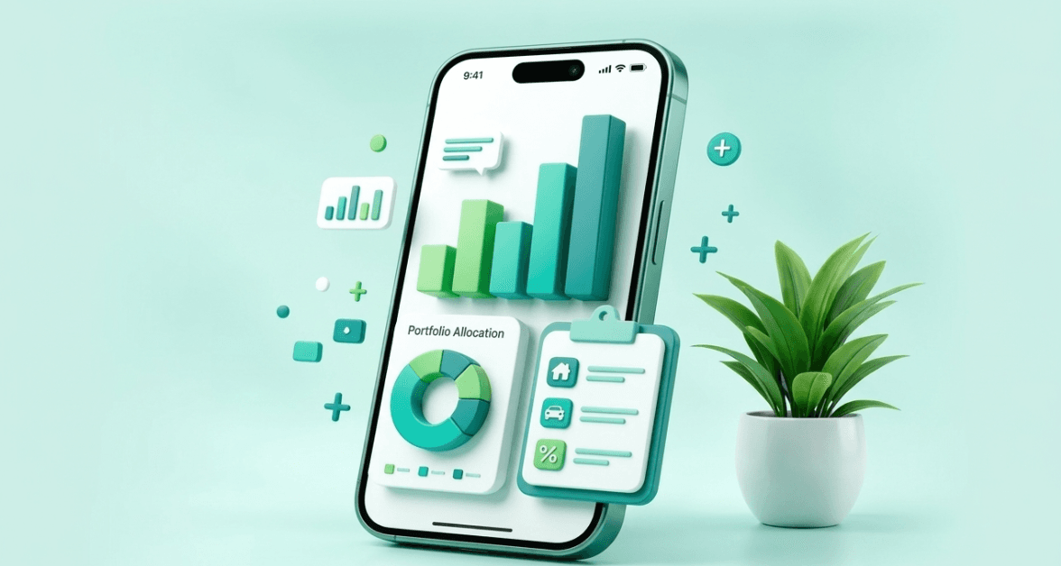 Phone showing a portfolio allocation chart alongside a financial checklist